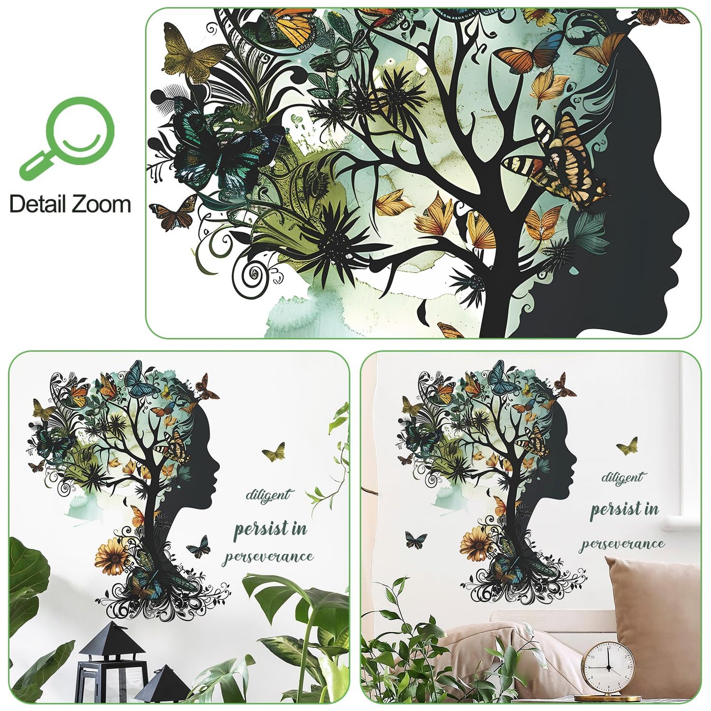Buiory Removable Inspirational Wall Decals Peel and Stick Wall Stickers Art Positive Sayings Sticker DIY Giant Tree Butterfly Wall Decor for Women Girls Bedroom Living Room Sofa Background Decoration