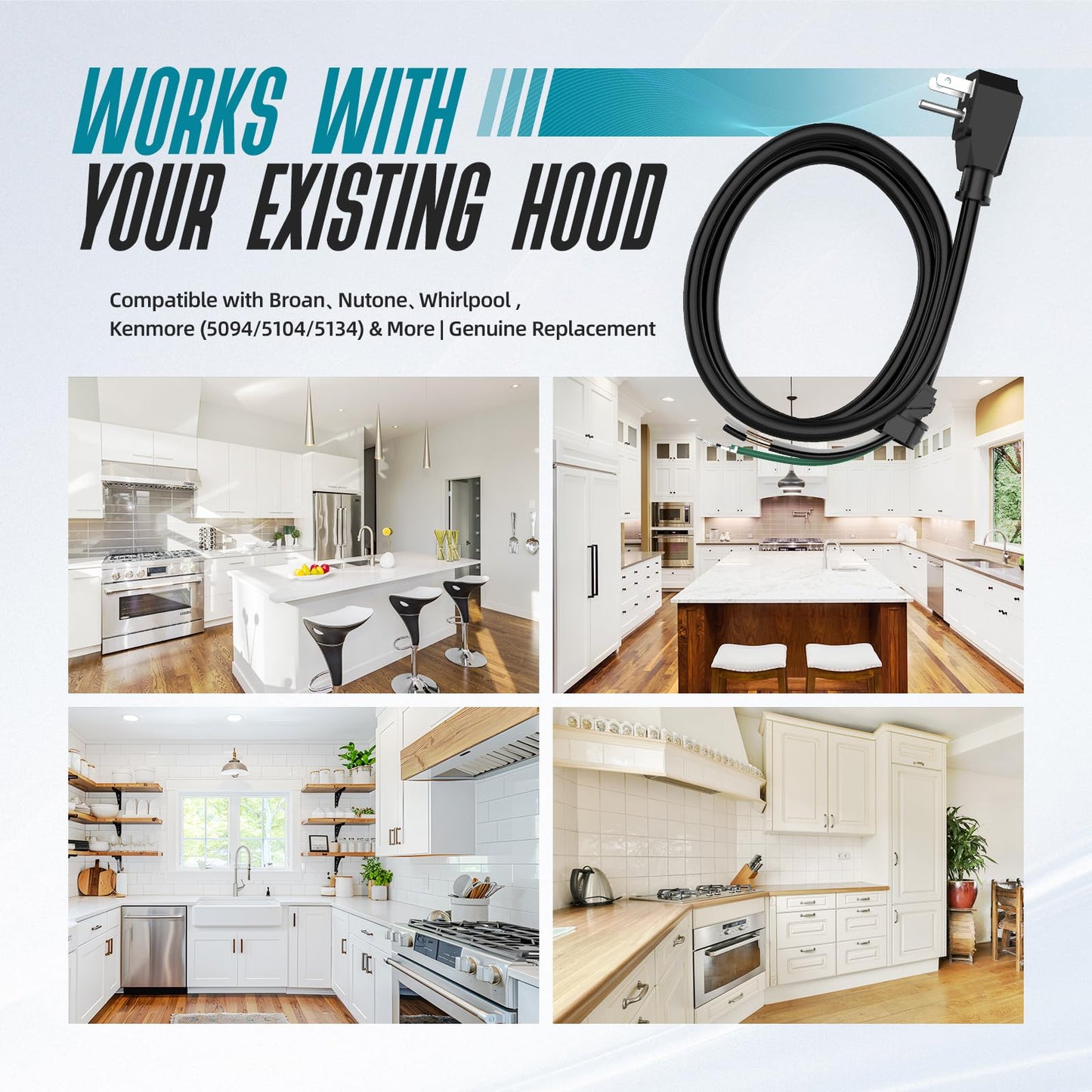 HCK44 Range Hood Power Cord Kit，HILICTOKT Convert Range Hood Hardwire to Plug in Range Hood Parts Compatible with Kenmore、Broan and Other Range Hood