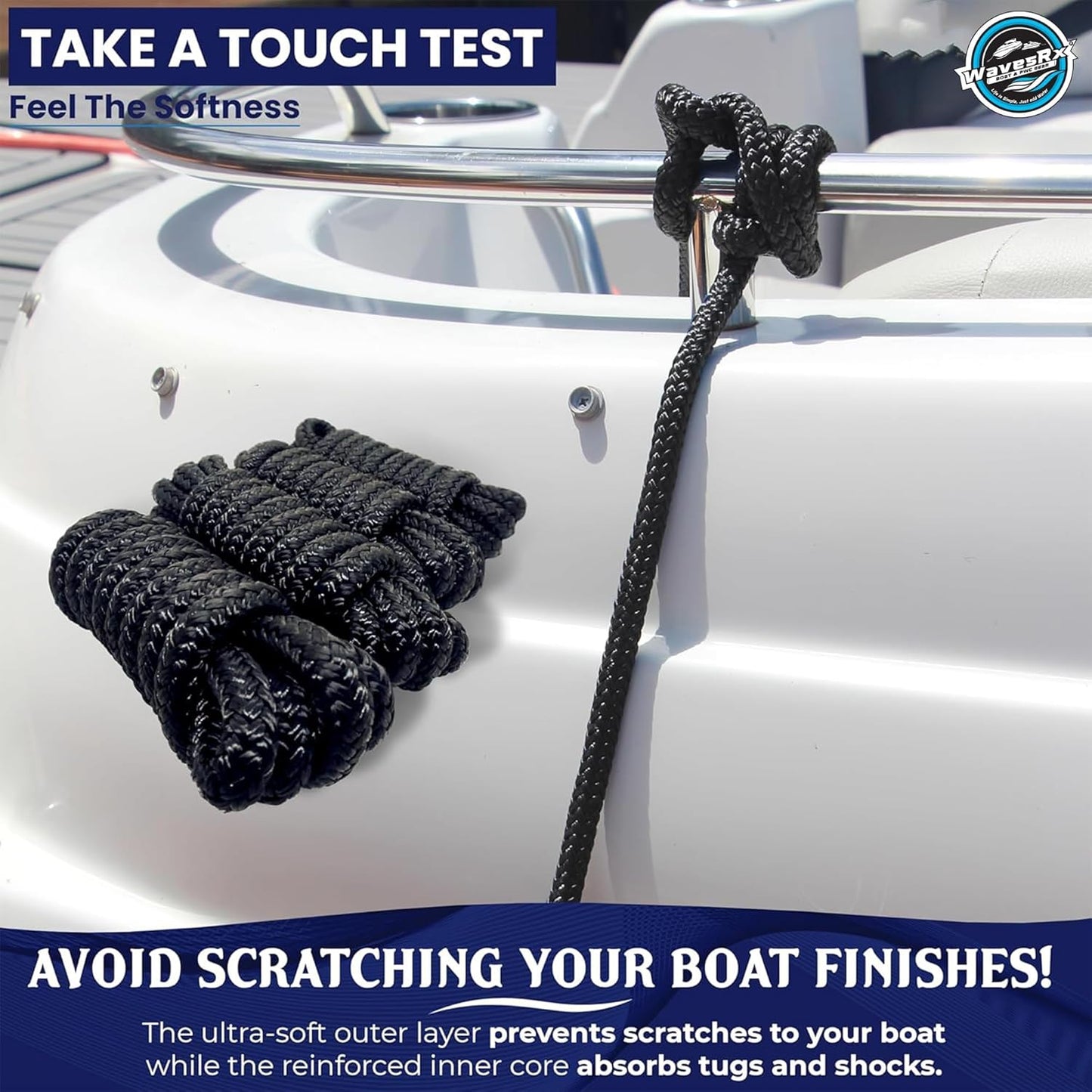 WavesRx Premium Fender Line - 3/8'' x 6' Double Braided Nylon Dock Lines (4 Pack) | Ideal for Boats & Pontoons