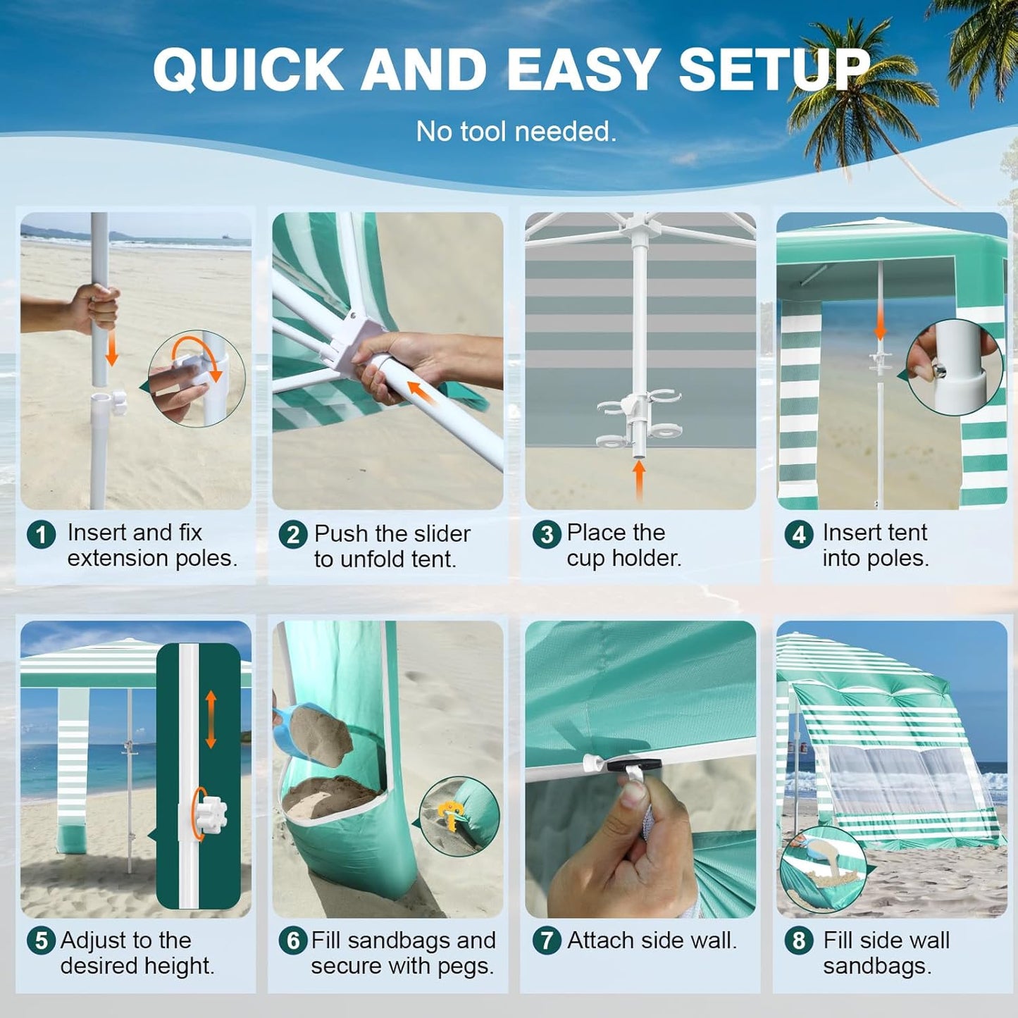 Rhino Valley Beach Tent - 8x8FT UPF50+ Sun Protection Canopy | Easy Setup, Wind Resistant, Green & White