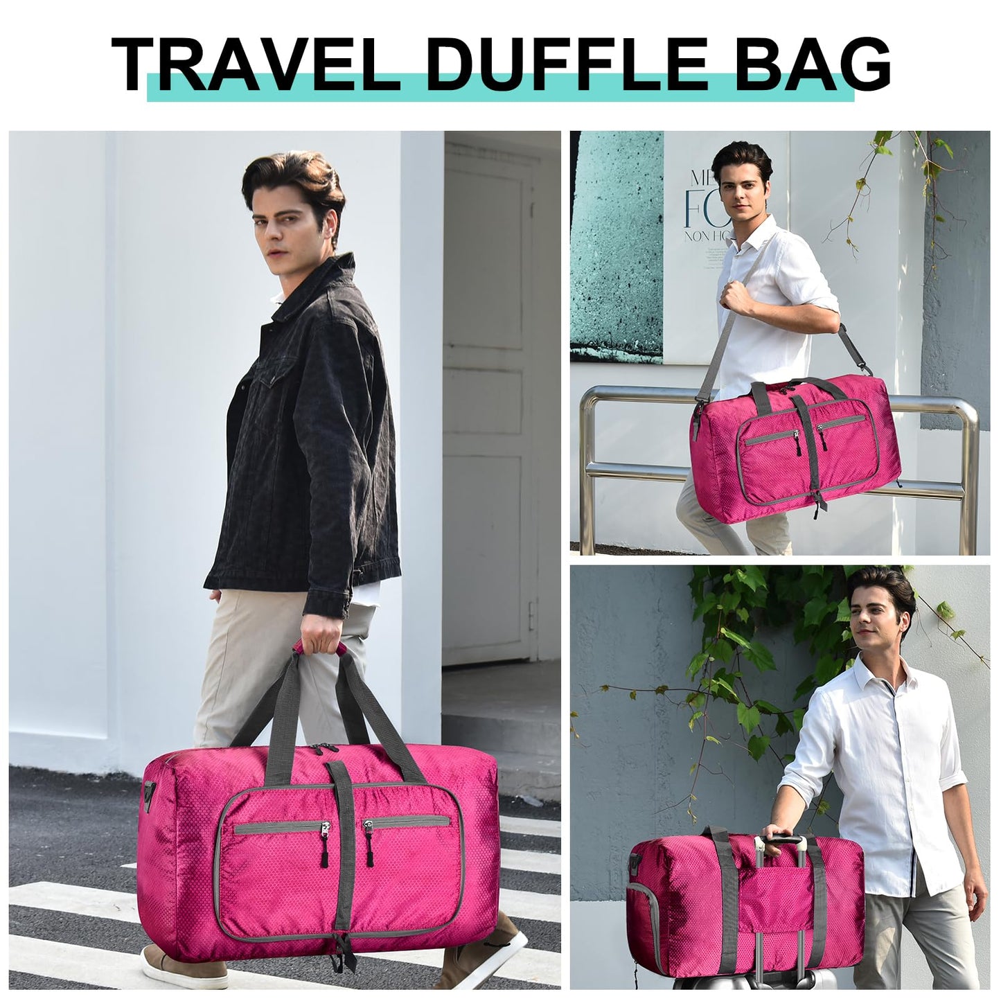Dimayar Travel Duffle Bag for Men Women - Foldable Duffel Bag with Shoes Compartment - Overnight Bags Waterproof & Tear Resistant(65L,Fuchsine)