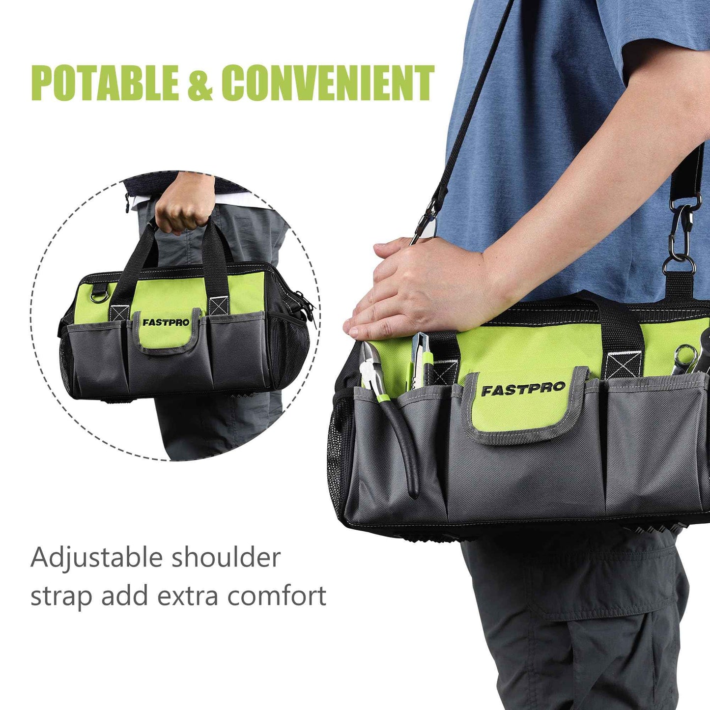 FASTPRO 13-inch Wide Mouth Tool Bag, Multi-pocket Tool Organizer with Adjustable Shoulder Strap