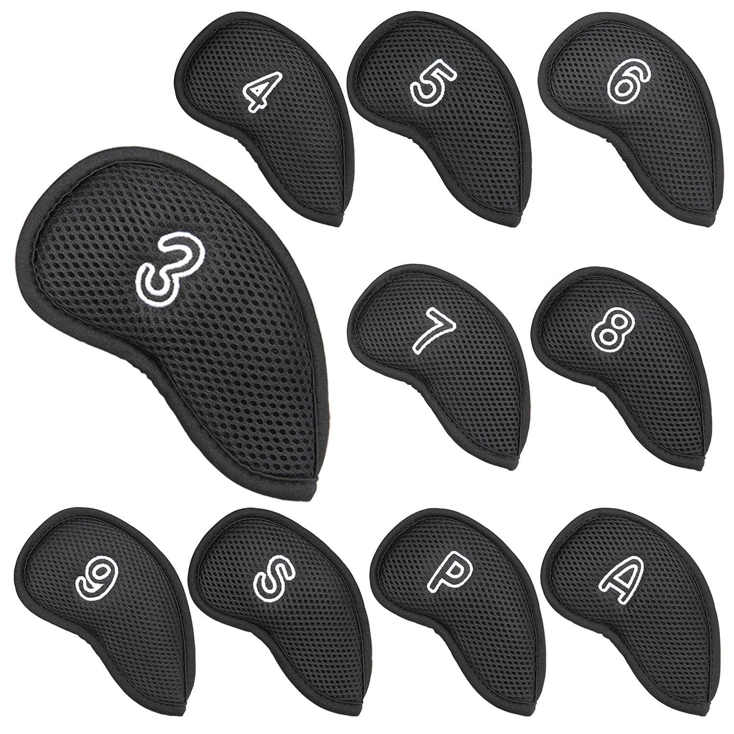 OGECLF 10pcs/Set Black Thick Mesh Golf Iron Head Covers 3-9,P,S,A fit Right Hand Irons