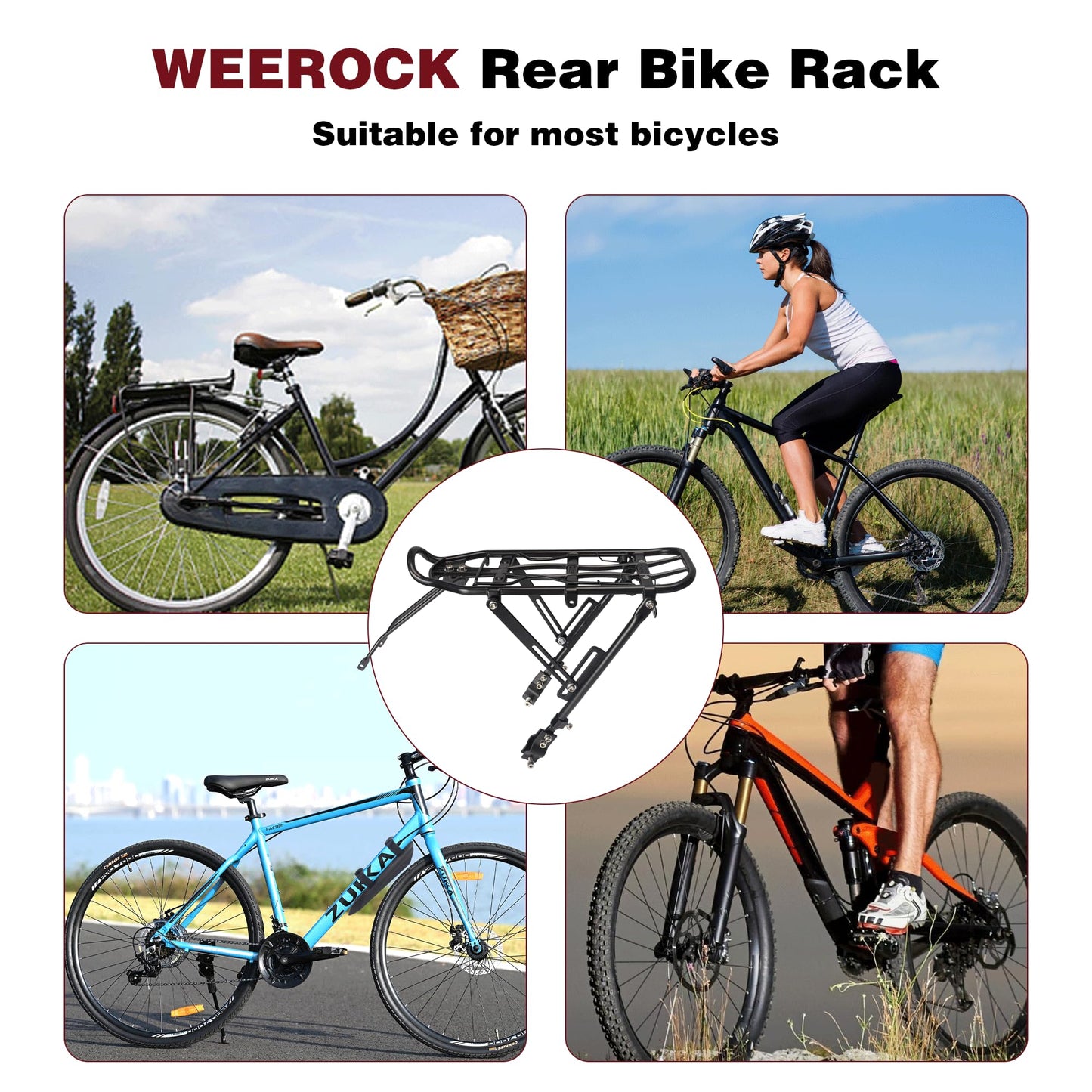 WEEROCK Bike Rear Rack Bicycle Cargo Rack Aluminium Alloy Adjustable Bicycle Carrier Luggage Rack for 24-29 Inch Bicycles, Mountain Bikes, MTB, Black