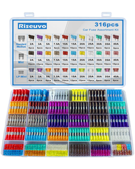 Riseuvo 316 Pcs Car Fuse Assortment Kit - Standard & Mini & Low Profile Mini Blade Automotive Replacement Fuses for RV, Camper, Boat, Truck (2A 3A 5A 7.5A 10A 15A 20A 25A 30A 35A 40A)
