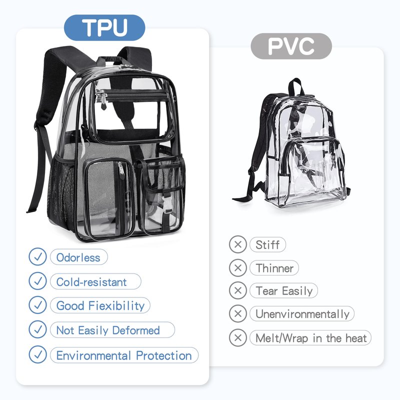 Cusangel Heavy Duty Clear Backpack Clear BookBag,16 x11 x5inch TPU Large Capacity See Through Backpack for Sport Events,Travel (Black)