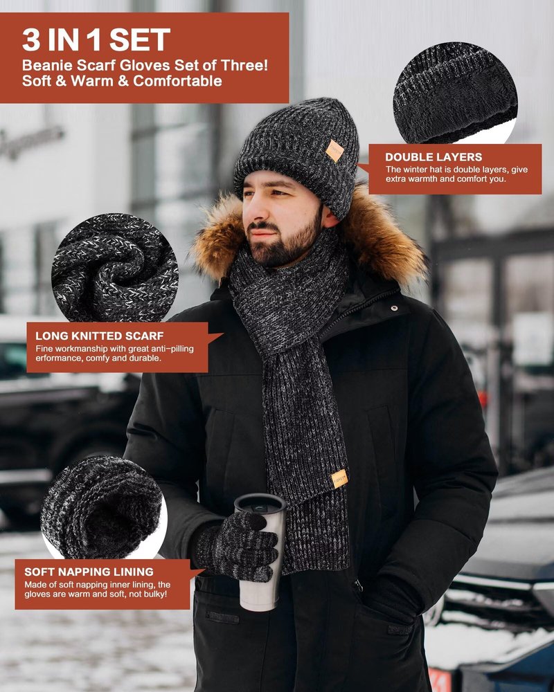 Winter Hat Gloves Scarf Set for Men Women, Mens Beanie with Fleece Lined Long Thick Scarf Touchscreen Gloves for Cold Weather, 3 in 1 Warm Gift Set(A-10)