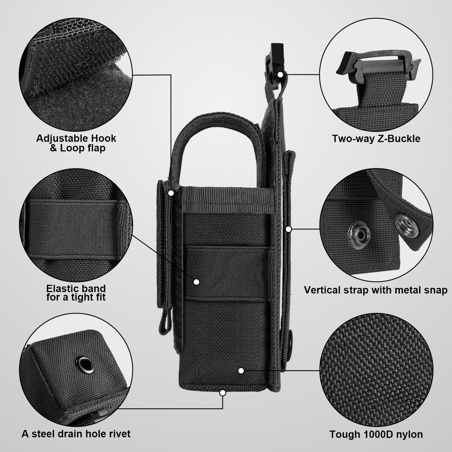 Tactical Flashlight Holster, Adjustable Flashlight Pouch Holder Molle Torch Carry Case for Duty Belt Backpack Vest Include Flashlight Patch & USA Flag Patch (Black-Nylon Strap with snap)