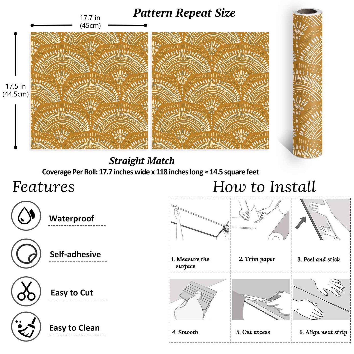 VEELIKE Mustard Yellow Geometric Peel and Stick Wallpaper Boho Geometric Wallpaper Removable 17.7''x118'' Renter Friendly Art Deco Wallpaper Peel and Stick for Bedroom Bathroom Accent Walls Cabinets