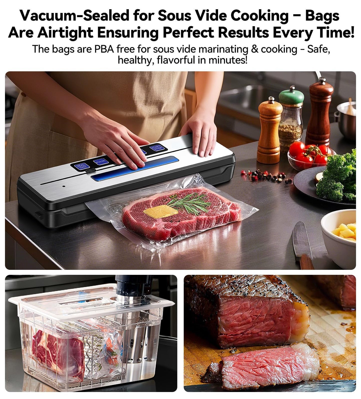 Flekzo Vacuum Sealer Machine for Food - Fast-Compact, Multi-Functional, Continuous Vacuuming, with External Vacuum System - For Meal Prep, Meat, Bulk Storage, Sliver Black
