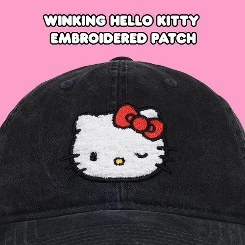 Hello Kitty Baseball Cap, Adjustable Cotton Dad Hat with Curved Brim, Chenille Patch, Black, One Size