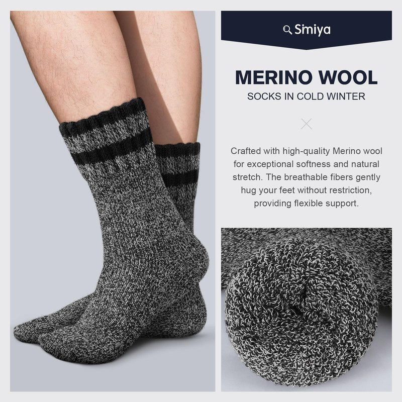 SIMIYA Thick Merino Wool Socks for Men Thermal Warm Hiking Socks Comfortable & Breathable Crew Socks in Cold Weather for Men & Women（5 Pairs）