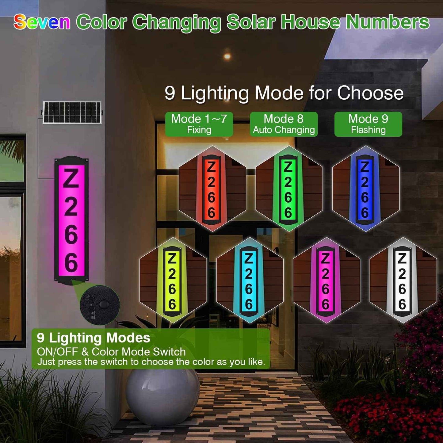 Solar House Numbers with Separate Panel, T-SUNUS Address Sign for Outside Horizontal & Vertical Mounted, Waterproof LED Number Plaque Street Yard Mailbox Visitor Mailman 911 Ubereats (RGB&White 6000K)