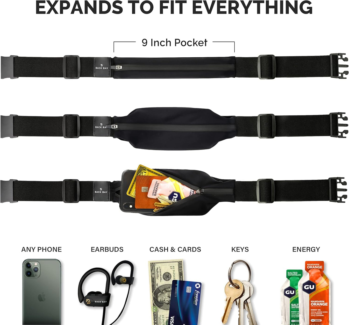 Back Bay Slim Running Belt - Fits All Phones | Unisex Fanny Pack for Runners, Ideal Workout Gear