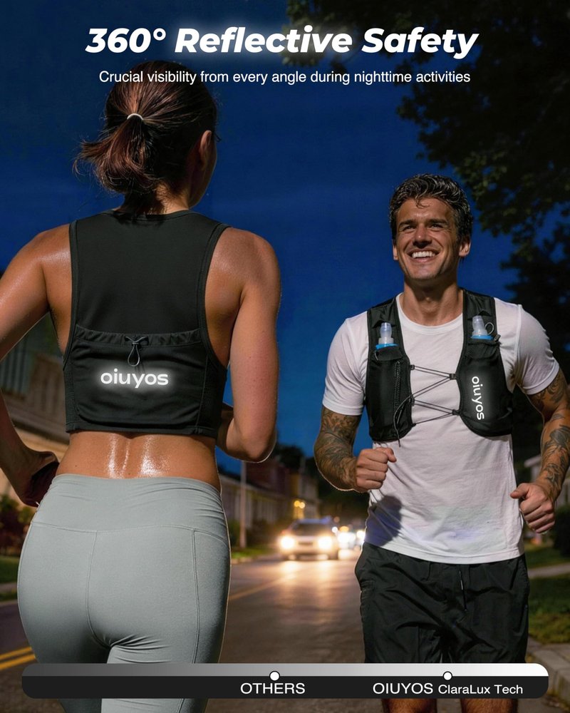 Oiuyos Running Vest for Women Men - USA Design - Adjustable Chest Straps Running Hydration Vest with 500ml Soft Flask - Lightweight Reflective Hydration Backpack