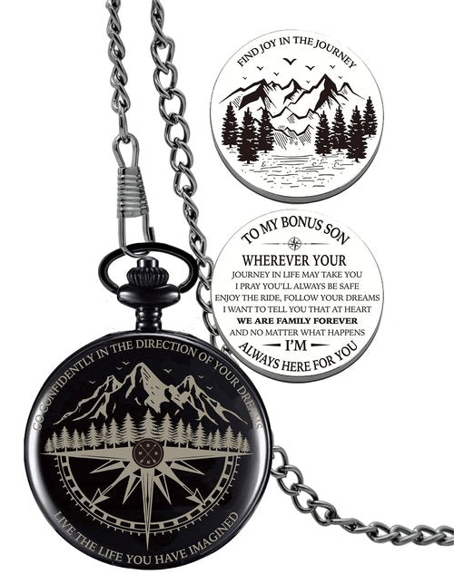 Gifts for Stepson, Go Confidently Pocket Compass Engraved Black, Bonus Son Pocket Token, Inspirational Keepsake Gift Ideas for Stepson Adopted Bonus Son Birthday Graduation Christmas Going Away