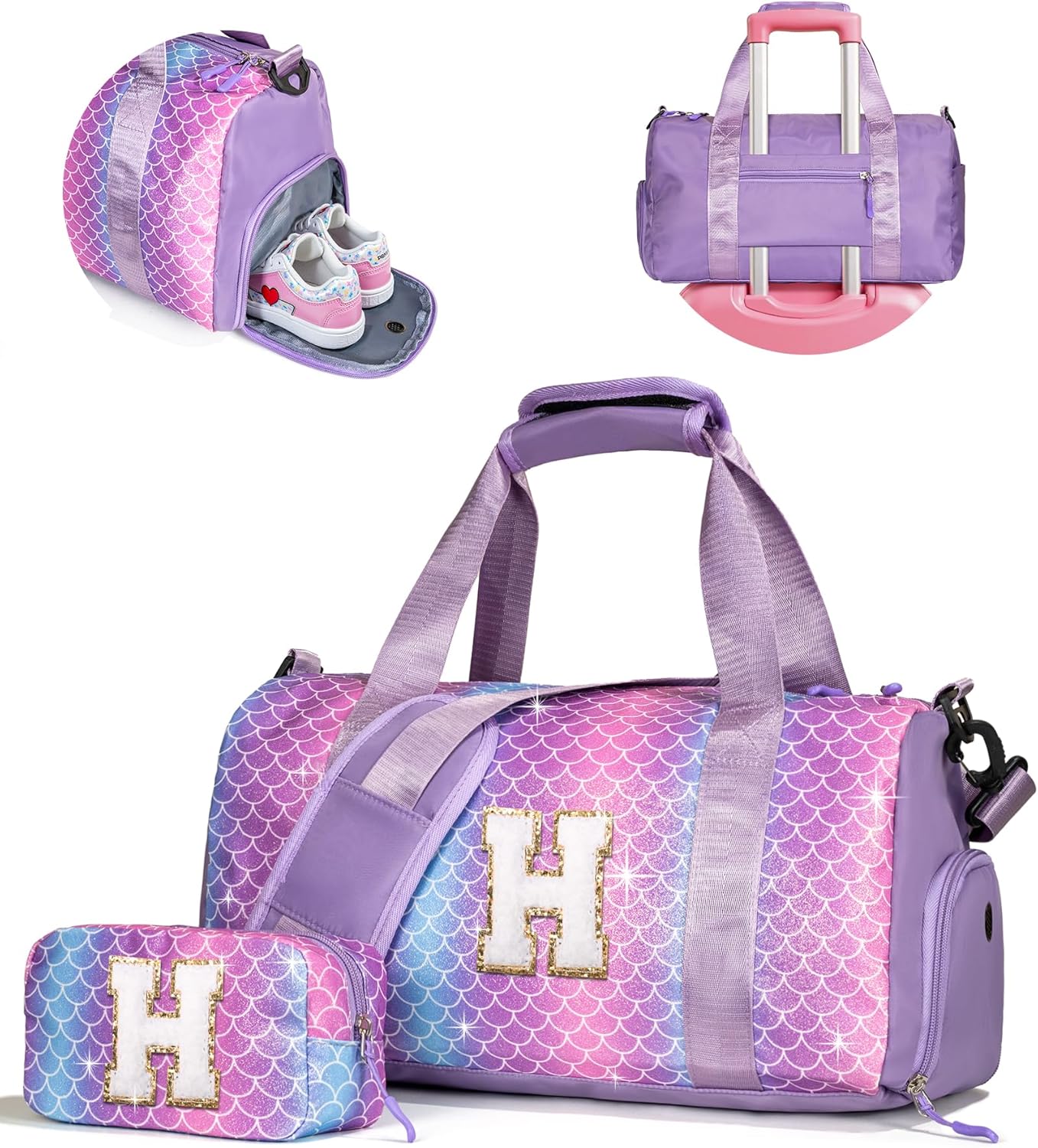 Skiennix Personalized Gym Bag for Girls - Stylish Weekender Tote with Shoe Compartment & Makeup Pouch (Initial H)