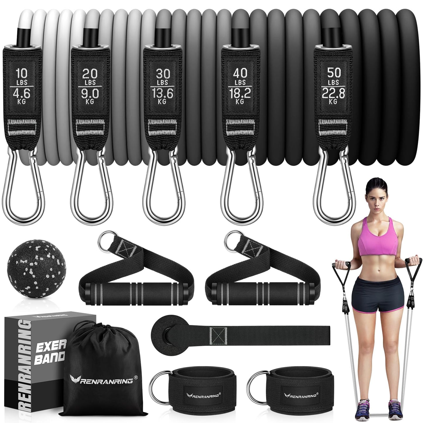 RENRANRING Resistance Bands for Working Out, 150LBS Exercise Bands, Workout Bands, Resistance Bands Set with Handles for Men Women, Legs Ankle Straps for Muscle Training