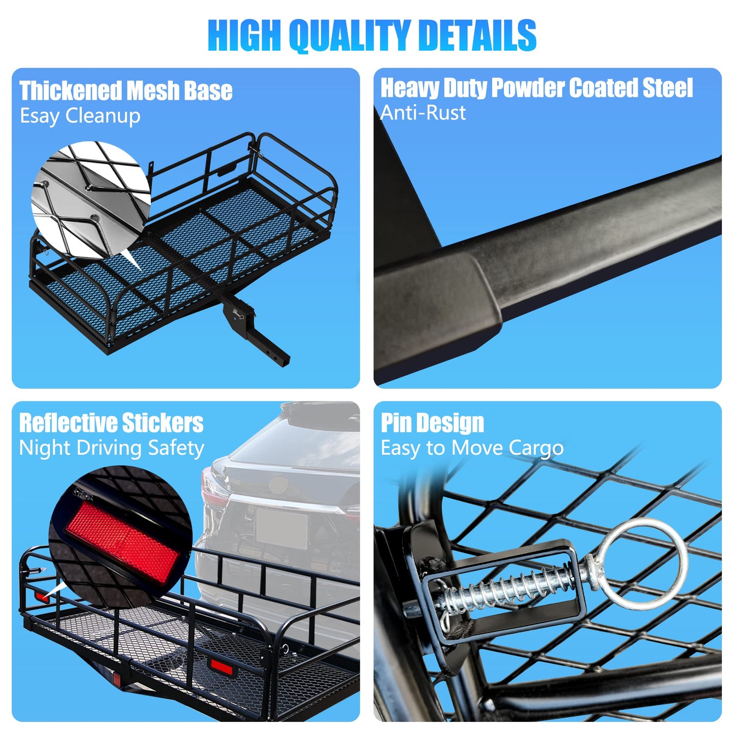 KAIRAY Heavy Duty Folding Hitch mount Cargo Carrier Load Capacity 500 Lbs 60" X 20" X 6" Trailer Fold up Luggage Basket with Stablizer Waterproof Bag Net Ratchet Straps Combination Lock for SUV Pickup