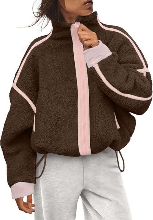 Aimiray Fleece Jackets Women Long Sleeve Zip Up Stand Collar Sherpa Jackets Warm Soft Trendy Teddy Outerwears with Pockets(Brown-M)