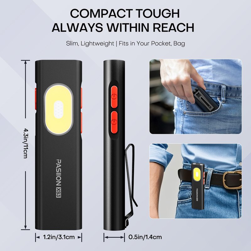 PASIION Rechargeable EDC Flat Flashlight White LED Combo,1400 Lumen Portable Pocket Flashlight –10 Modes Small LED Light with Magnetic Base,USB-C Charging for Outdoors,Emergency,Working