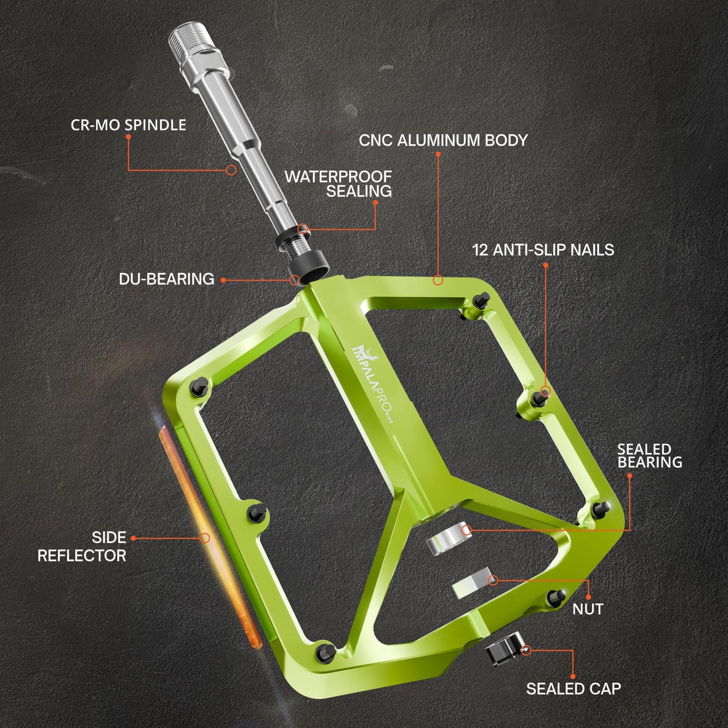IMPALAPRO Flat Bike Pedals with Reflectors CNC Aluminium 9/16” – MTB Pedals with Extra Wide Platform and Removable Anti-Slip Pins – Lightweight Pedals for Mountain Bike & Road Bike 355 g (Lime)