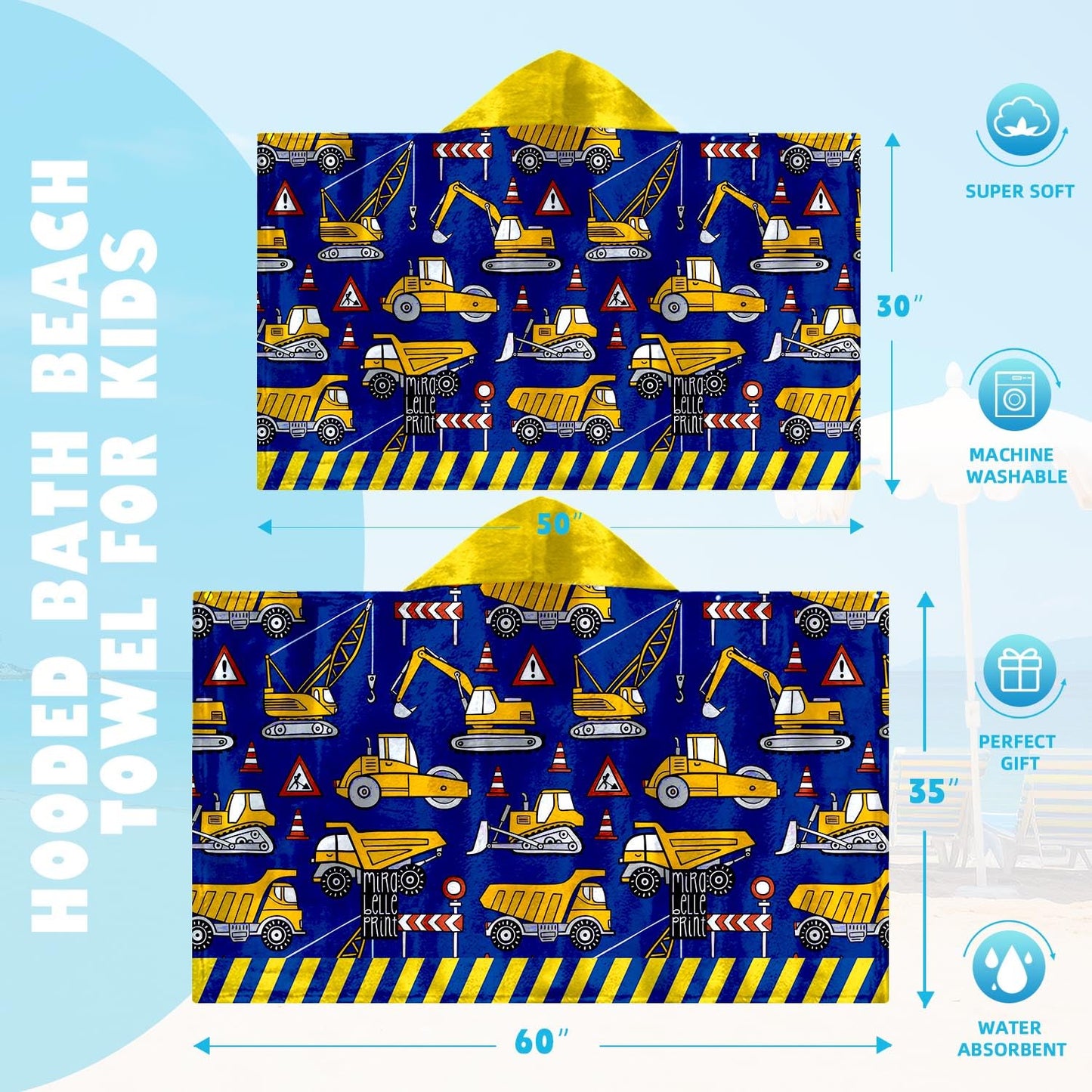 Boys Car Beach Towel with Hoodie for Kids Toddlers Age 4-8, Engineering Vehicle Bath Towels Shower Wrap for Boys, Hooded Poncho Beach Blanket for Pool Swimming Cute Wearable Bath Towel for Child