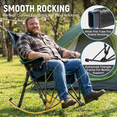 FUNDANGO Oversized Rocking Camping Chair - High Back Padded Folding Lawn Chair with Cup Holders & Carry Bag | Supports 440 lbs (Black)