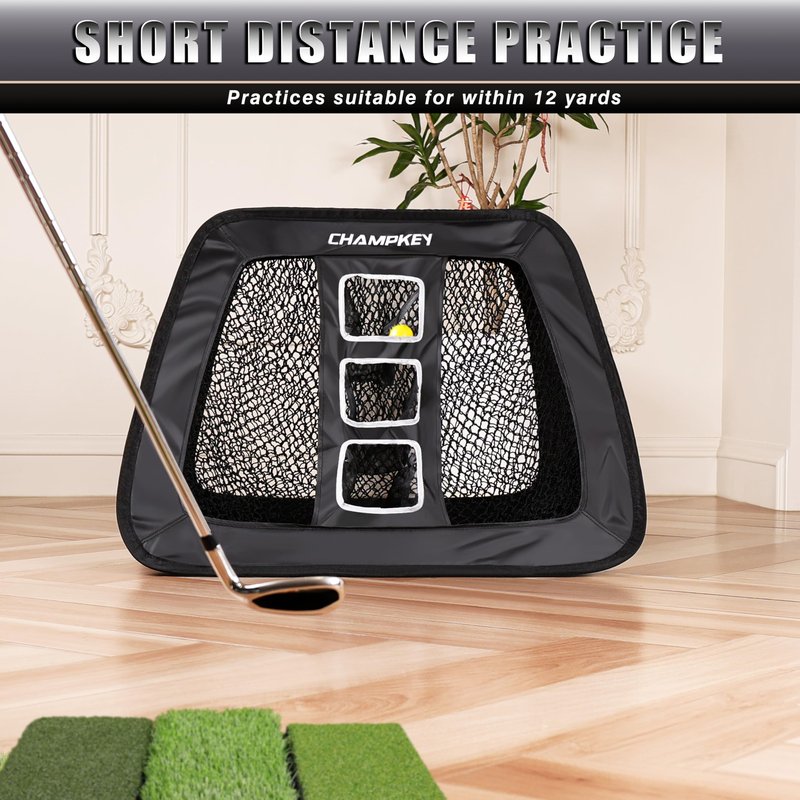 CHAMPKEY Double Sided Golf Chipping Net Come with Tri-Turf Hitting Mat and 12 Foam Golf Balls - 5 Ply-Knotless Netting Golf Targets System Ideal for Short and Long Distance Training (Standard Version)