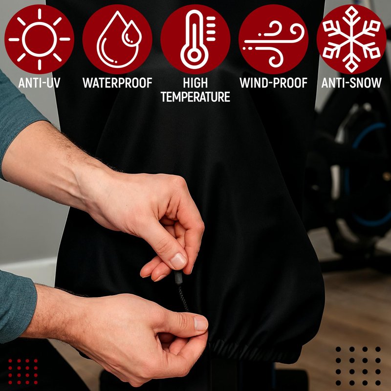 Exercise Bike Cover, Waterproof Stationary Bike Cover for Indoor & Outdoor, Fitness Bicycle Cover with Drawstring, UV Protection, Storage Bag Included, 56x49x23 In, Black