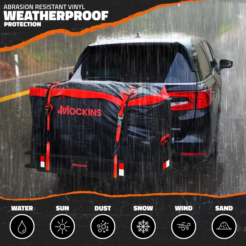 Mockins 15 CuFt Weatherproof Trailer Hitch Cargo Carrier Bag w/ 4 Packing Cubes | 48"x18"x31" Waterproof Cargo Bag for Hitch Carrier & Truck Bed Storage | Vehicle Soft-Shell Carriers w/Straps & Lock
