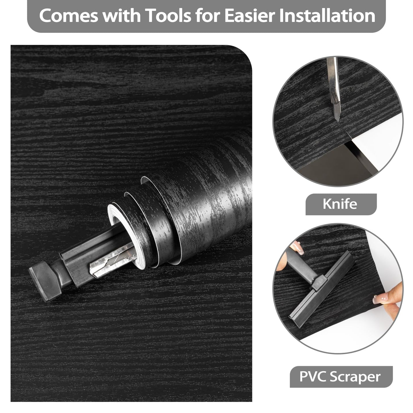 Wood Contact Paper With Tools, Black Peel and Stick Wallpaper Thickened No Tearing Vinyl Wrap, Self Adhesive Faux Wood Grain Wallpaper Cover Cabinets Countertop Wall Furniture Decoration 17.7" X 78.7"