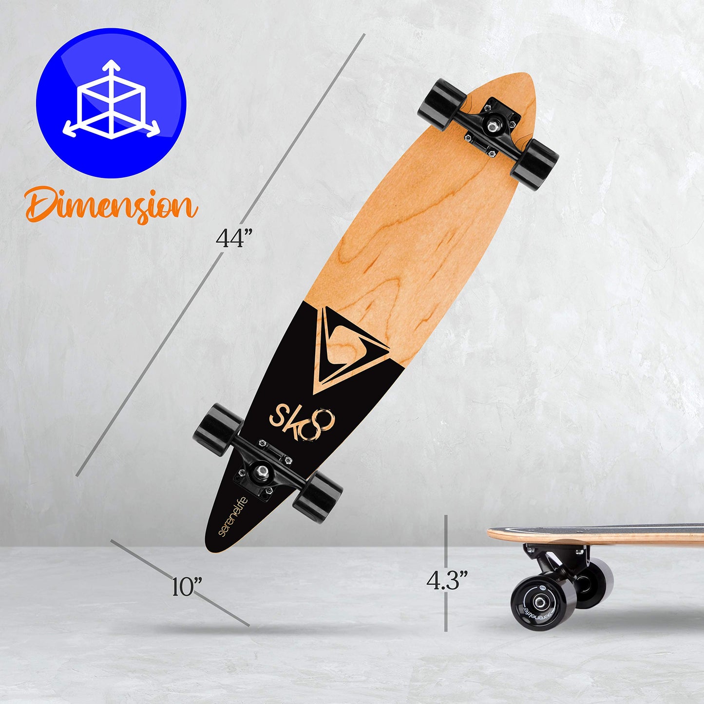 SereneLife Skateboard for Kids and Adults, Mini Cruiser with 8 Ply Canadian Maple Deck and Aluminum Truck, Non-Slip Grip, PU Wheels, Concave Design, Smooth Ride, Street & Park Use (44" x 10" x 4")