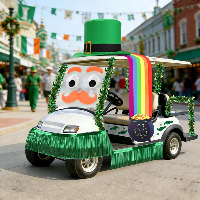 Tryly St. Patrick’s Day Golf Cart Decoration Kit, Giant Leprechaun Hat with Big Eyes & Beard, Rainbow Banner, Pot of Gold, Green Tinsel Curtain & Footprint Stickers for Irish Parade & Party Supplies
