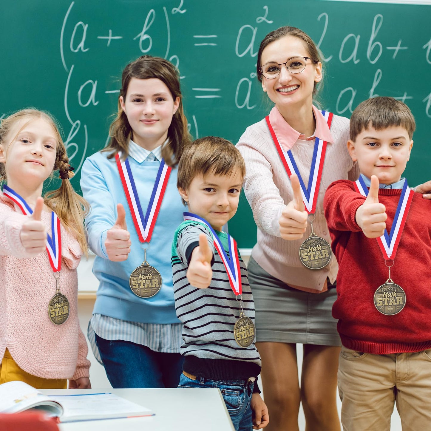 Quelay 30 Pcs 2 Inches Student Award Medals Bulk Awards Medal with Neck Ribbons Metal Trophy Prize Gift for Tournaments, Competitions, Party, Kids and Adults(Math Star Medals)