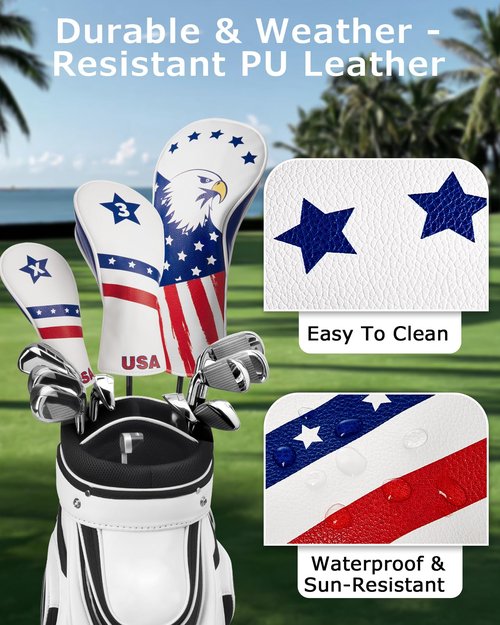 Fitense Golf Head Covers, 3 Pack Golf Club Head Covers USA Stars and Stripes, Velour Lined for Extra Club Protection, Designed to Fit All Woods and Drivers Velour Lined (1,3,X)