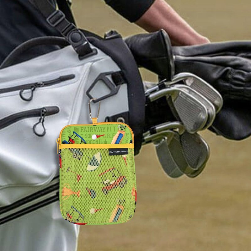 CAIT CHAPMAN HOME COLLECTION Golf Pouch Bag for Valuables, Tees, Zippered Pocket with a Clip Hook (Golf Icons)