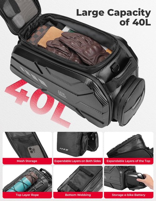KEMIMOTO Ebike Battery Bag Bike Bags for Rear Rack, 40L Hard Shell Bag with Waterproof Cover, Ebike Trunk Bicycle Seat Pannier for Commuter Travel Outdoor