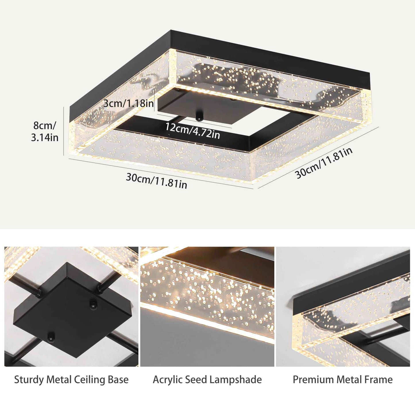 Qcyuui LED Flush Mount Ceiling Light, 11.81in 20W Modern Ceiling Light with Clear Bubble Acrylic,Square LED Ceiling Lamp for Kitchen Hallway Closet Living Room Bedroom, Black, 3000K Dimmable