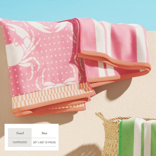Great Bay Home 100% Cotton Beach Towels - Absorbent Quick-Dry Pool Towels | 2 Pack 30 x 60" (Pink/White Crabs & Stripes)