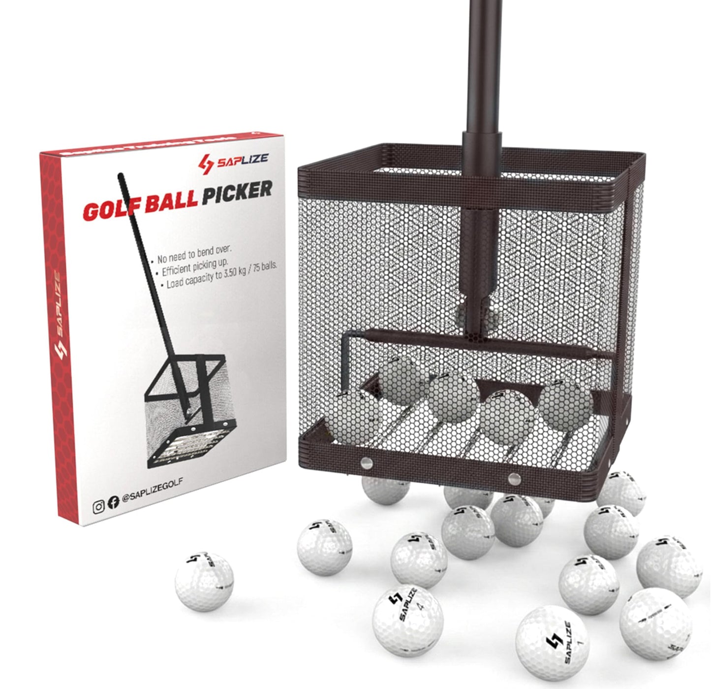 SAPLIZE Golf Ball Picker Upper, Turf-Friendly Design, No Bending Over, Quickly Collects Multiple Balls, Large-Capacity Ball Holder, Great for Backyard Practice & Training Matte Black