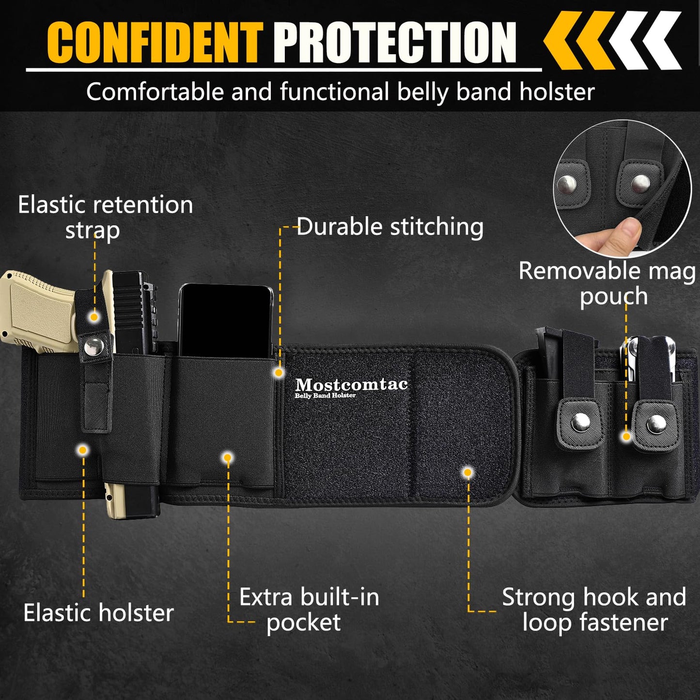 Mostcomtac Belly Band Holster for Men & Women - Breathable Neoprene Gun Holster, Multi - Pocket Tactical Belt for Outdoors, Fits G17-43x, Taurus G3C, G2C and Most 9mm and 380 Handguns（L-M）