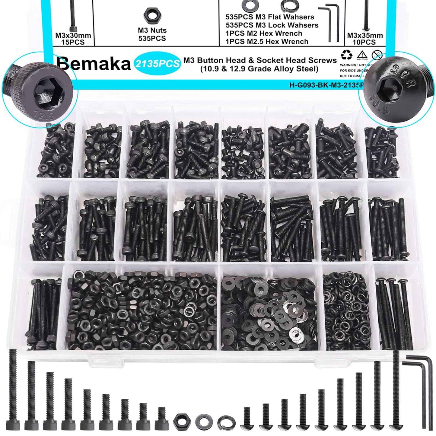 Bemaka 2135PCS Black M3 Metric Screw Assortment Kit, 5-35mm Button Head Screws and Socket Head Screws Bolts Nuts Washers Kit, 10.9 & 12.9 Grade Alloy Steel, M3 Bolts for 3D Printing