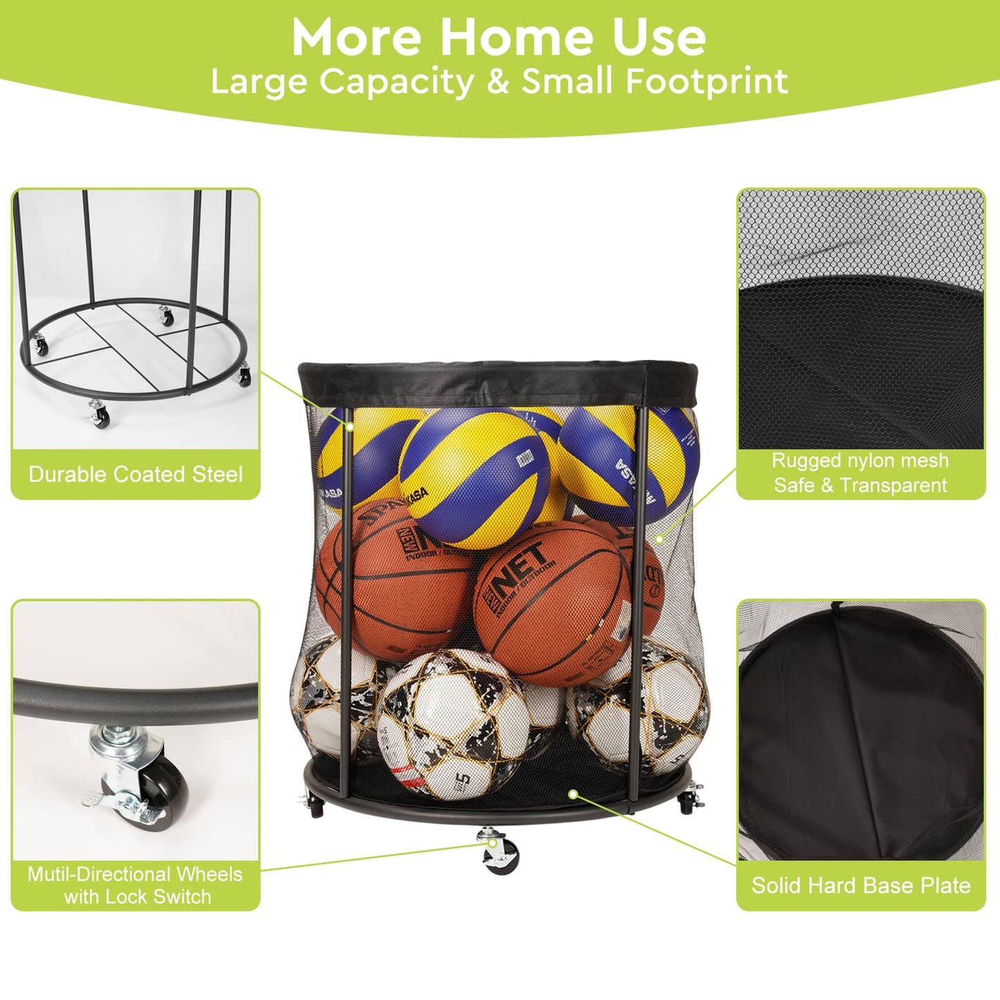 WEYIMILA Sports Equipment Organizer for Garage, Mesh Ball Holder for Soccer, Basketball, Volleyball, Baseball, 48 Gals Ball Cart for Holding Ball, Rolling Sports Organizer, Black