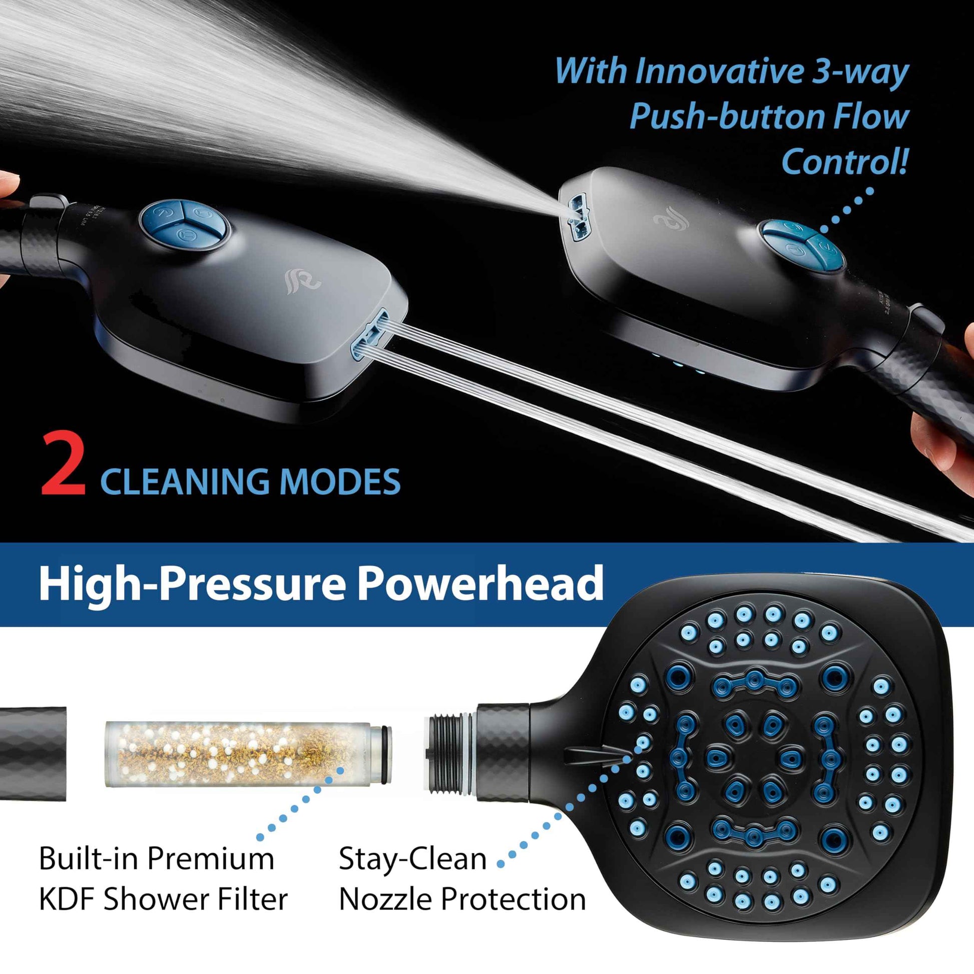 AquaCare 4X High Pressure 10 Spray Mode Filtered Showerhead - Handheld Shower Head Filters Chlorine to Heal Dry Skin, Revive Hair - Dual Power Wash Cleans Tub, Tile, Pets - Hard Water Softener, Black