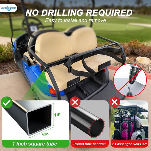 ENEKERP Universal Golf Cart Bag Holder Bracket Attachment for 2+2 Golf Cart Rear Seat with 1 Inch Square Tube, No Drilling Adjustable Golf Back Seat Bag Rack for EZGO Club Car Yamaha