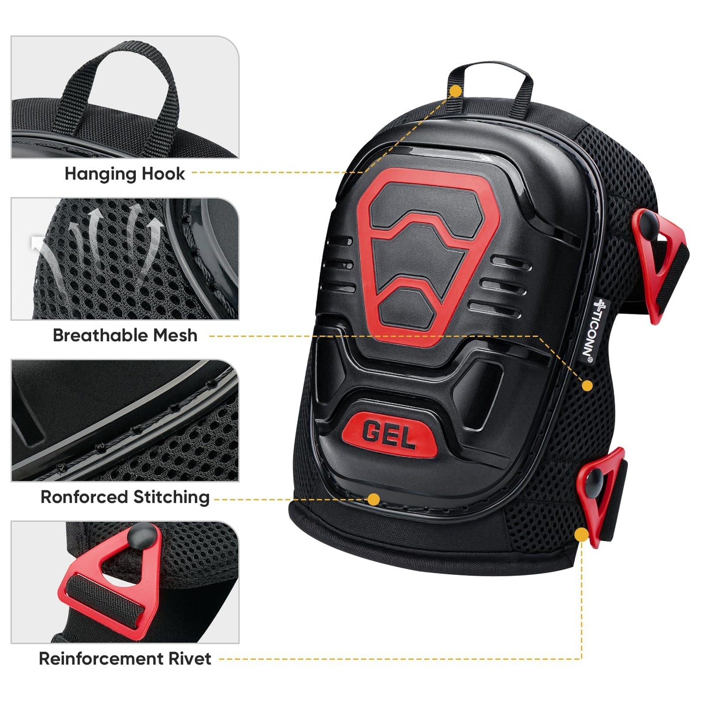 TICONN Gel Knee Pads for Work, Professional Heavy Duty Work Knee Pads for Men with Soft Foam and Gel Cushion for Men Construction, Garden, Flooring (Black/Red)