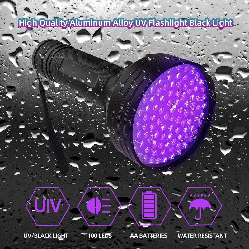 Collgene UV Flashlight Black Light, 100 LED (390 nm) Portable Blacklight Pet Urine Detector for Dog/Cat Urine, Dry Stains, Bed Bug, Battery Not Included