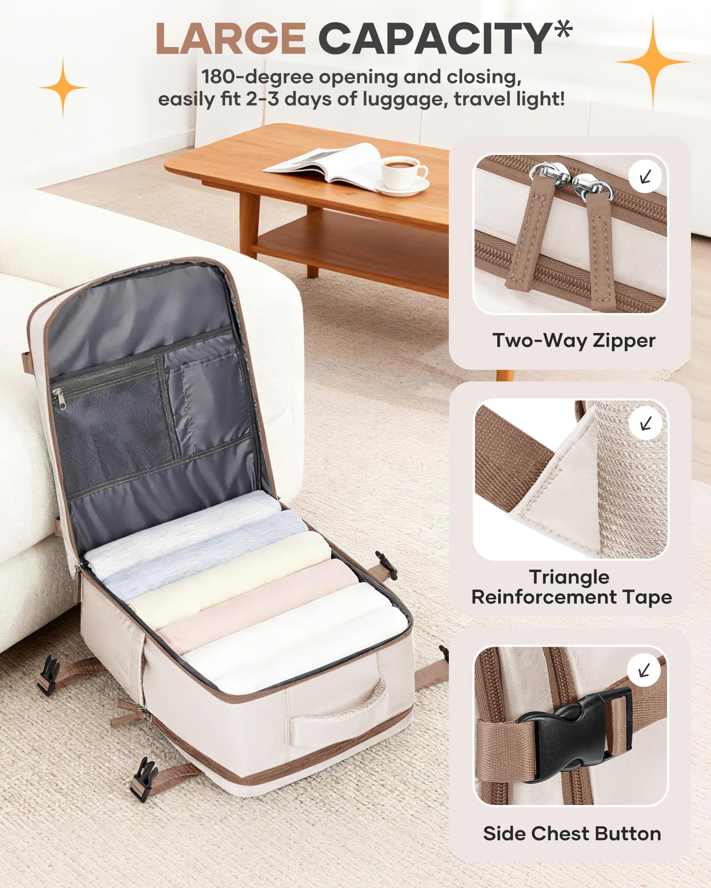coofay Travel Backpack Carry on Flight Approved Mochila De Viaje Personal Item Backpack for Airlines Frontier Airlines Personal Item Bag Large Backpack for Travel Backpacks for Men Women Beige