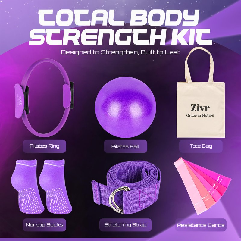 Zivr Home Pilates Workout Kit - Pilates Sets for Women and Full Body Toning, 15 Inch Ring and Ball Set, Workout Accessories for Women with Resistance Bands and Non-Slip Socks